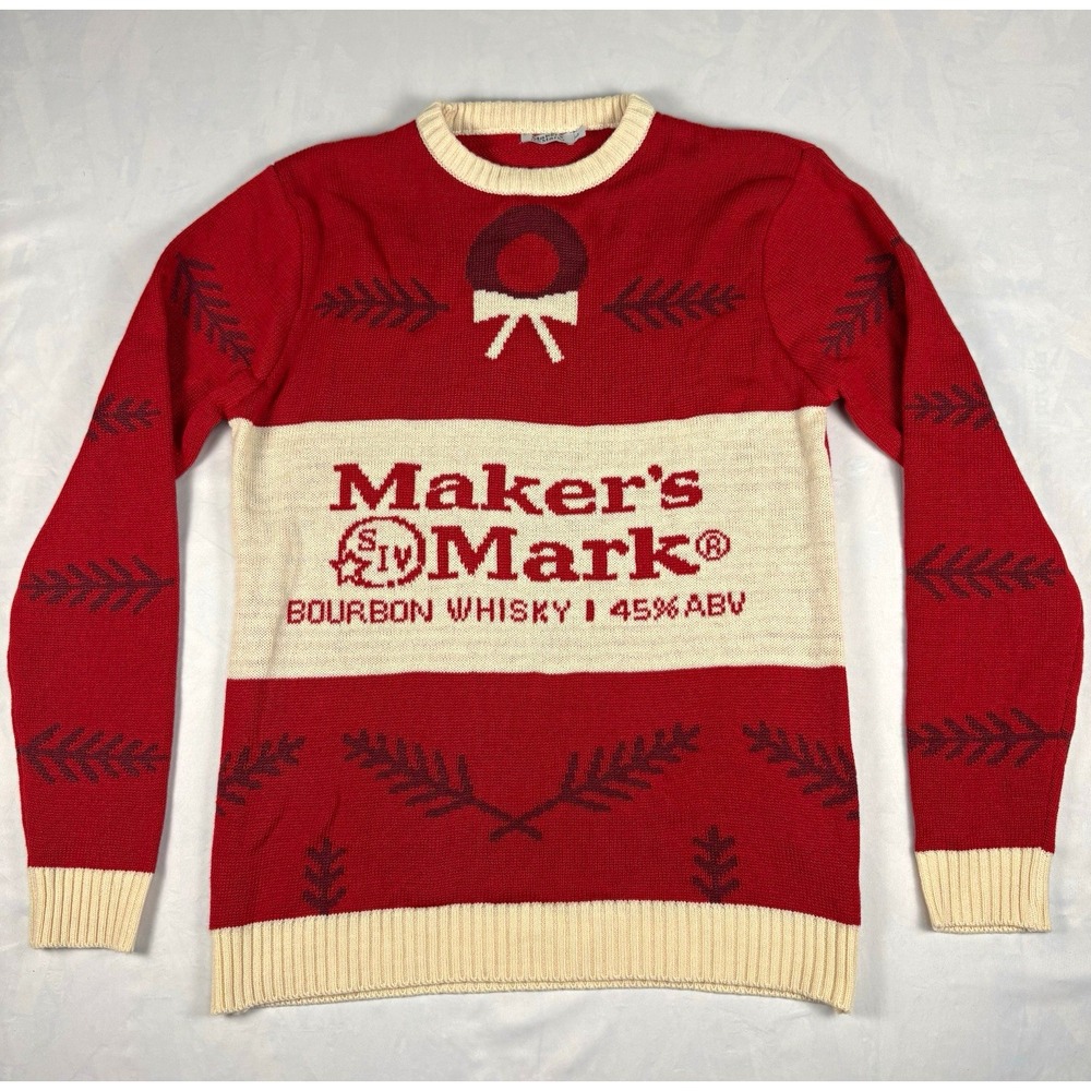 Maker's Mark Bourbon Ugly Christmas Sweater Unisex L Cream Knit Wreath Holiday